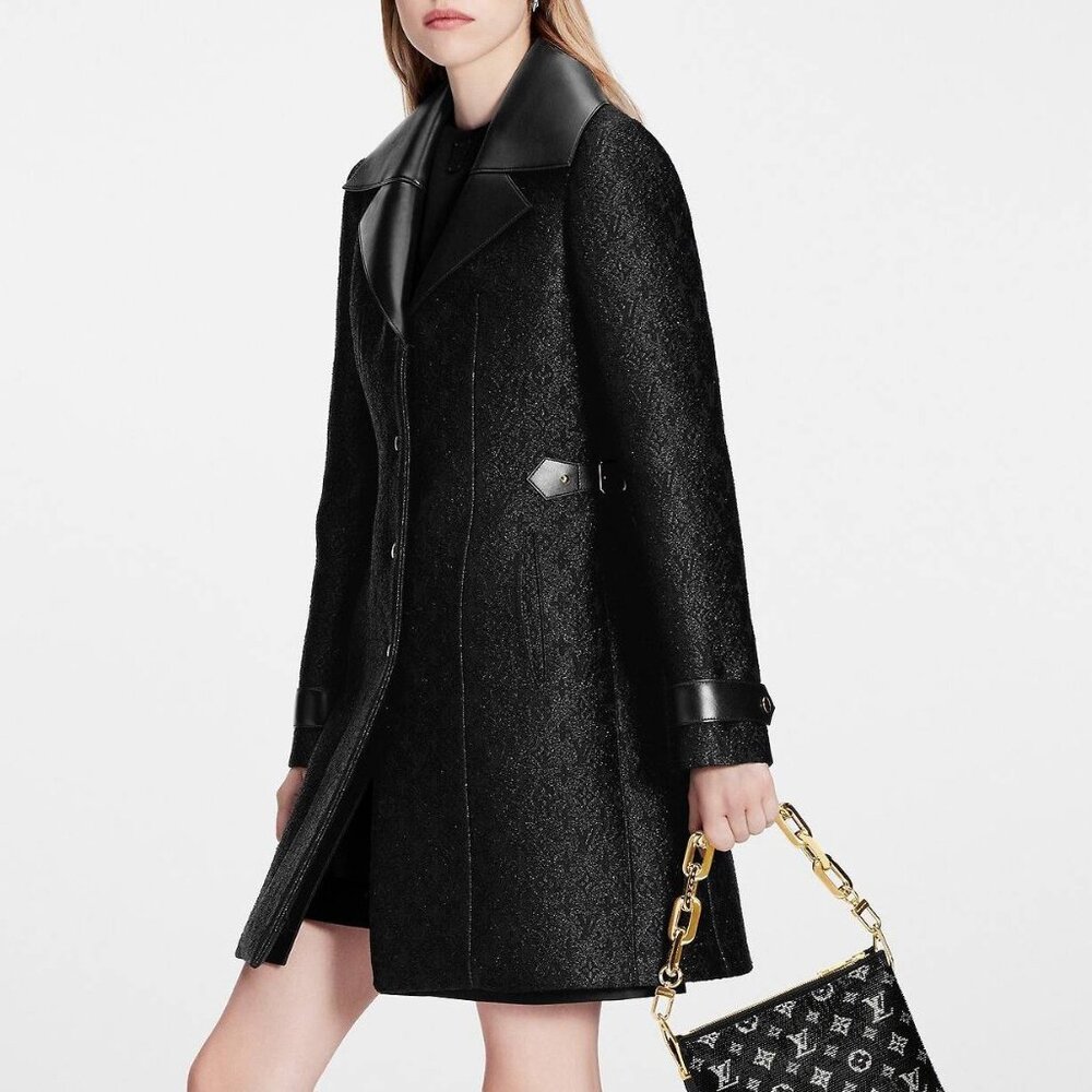 Louis Vuitton Black Monogram Wool Leather Insert A-Line Glitter Coat